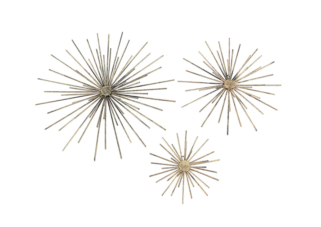 Aged Brass Finish Mid-Century Modern Atomic Star Burst Wall Sculptures Set of 3